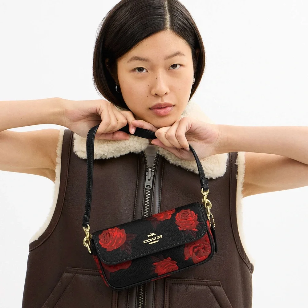 NWT Coach Floral Print Hailey Flap Crossbody Bag CCF74 in Black/Red - Picture 4 of 15